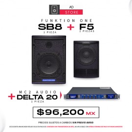 Funktion One F5 (2 Piezas) + SB8 Subwoofer ( 1 Pieza) + MC2 Delta 20 Amplificador (1 Pieza) Sistema de Audio